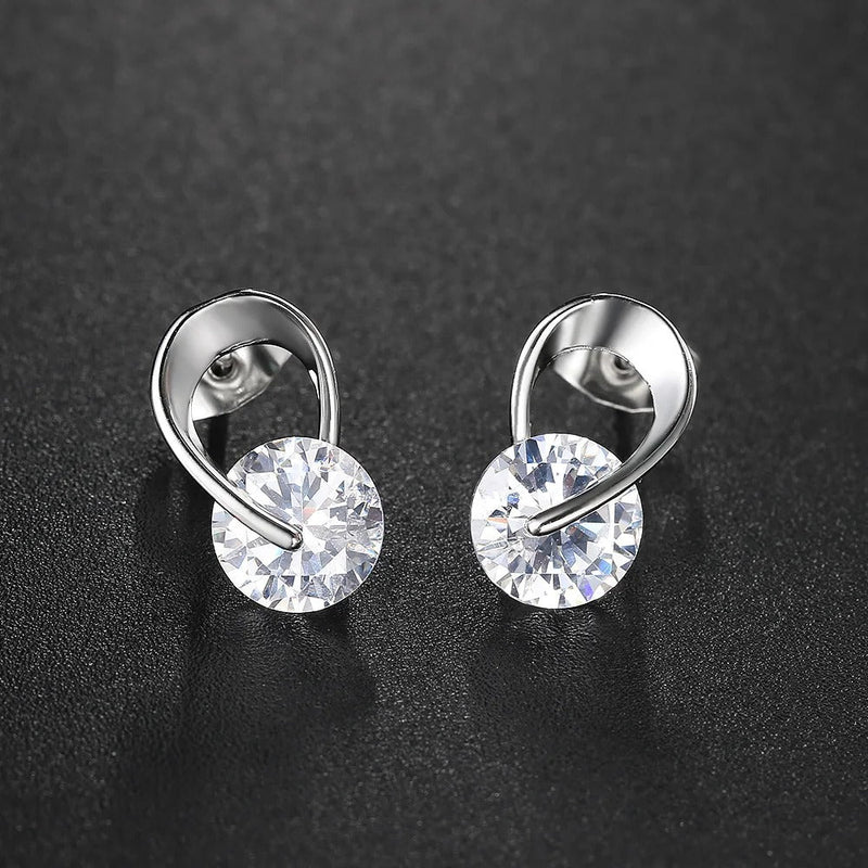 Classic Silver Sparkling Clear Gemstone Curved Earrings-Lydieannejewelry