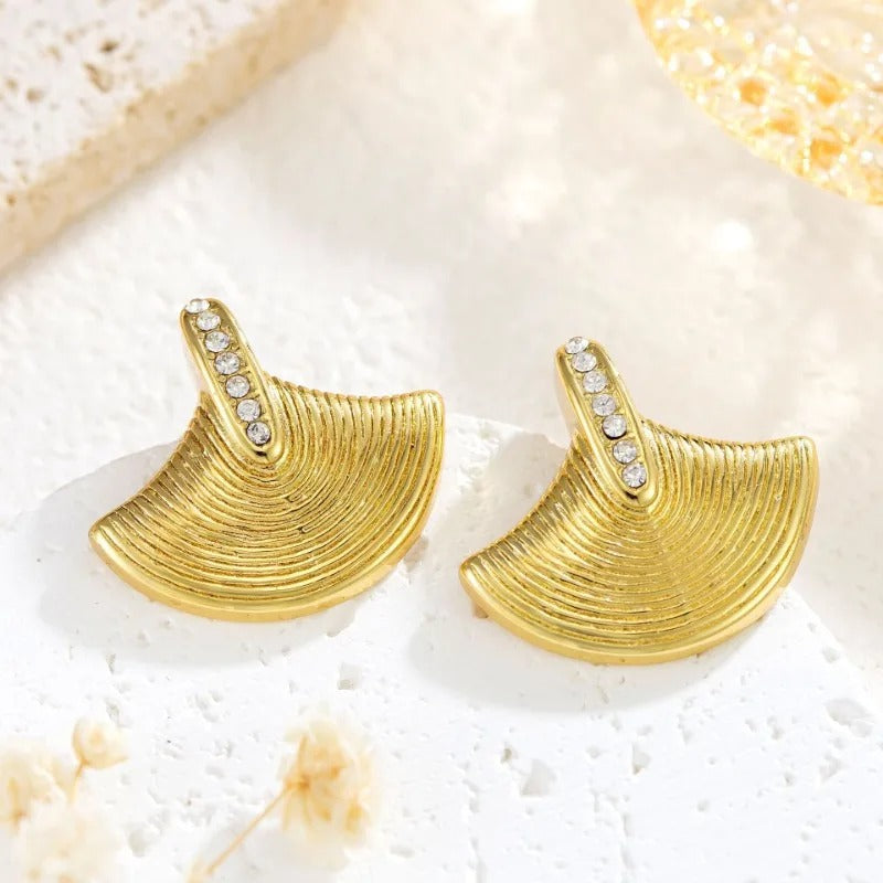 Vintage Gold Fan Crystal Stud Earrings-Lydieannejewelry