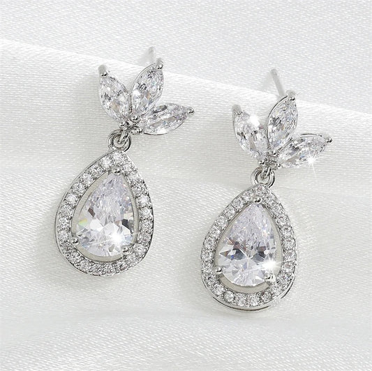 Vintage Silver Leaf & Teardrop Earrings-Lydieannejewelry