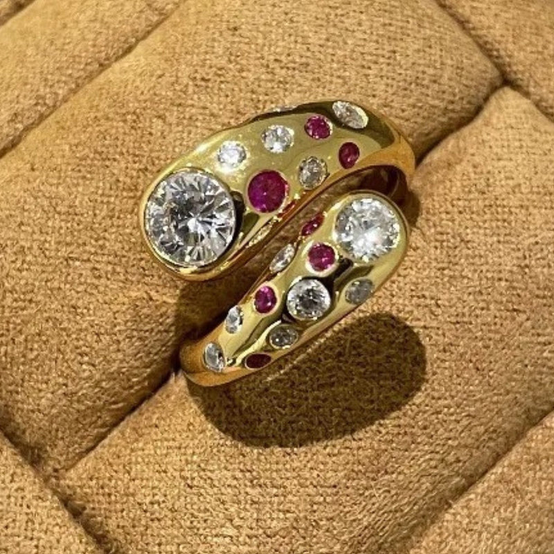 Vintage Gold & Swirl Crystal Round Diamond Adjustable Ring-Lydieannejewelry