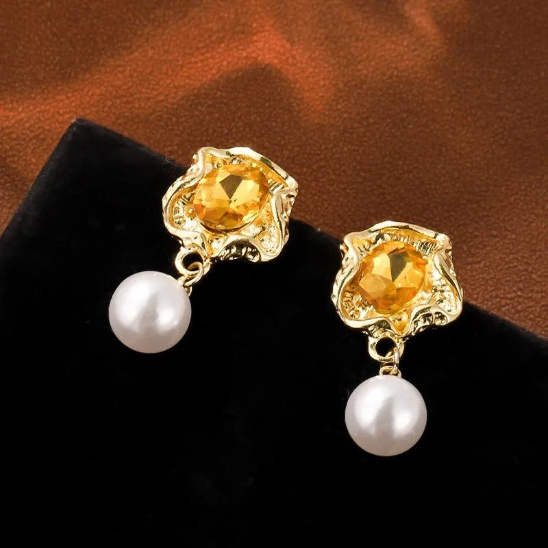 Gold Yellow Gemstone Pearl Earrings-Lydieannejewelry
