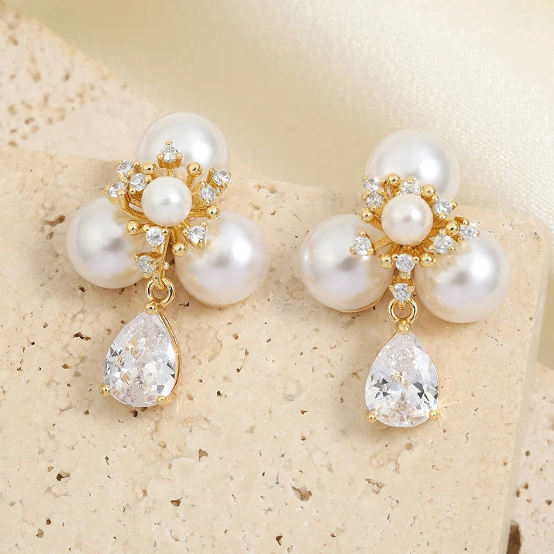 Classic Pearl Flower Drop Earrings-Lydieannejewelry
