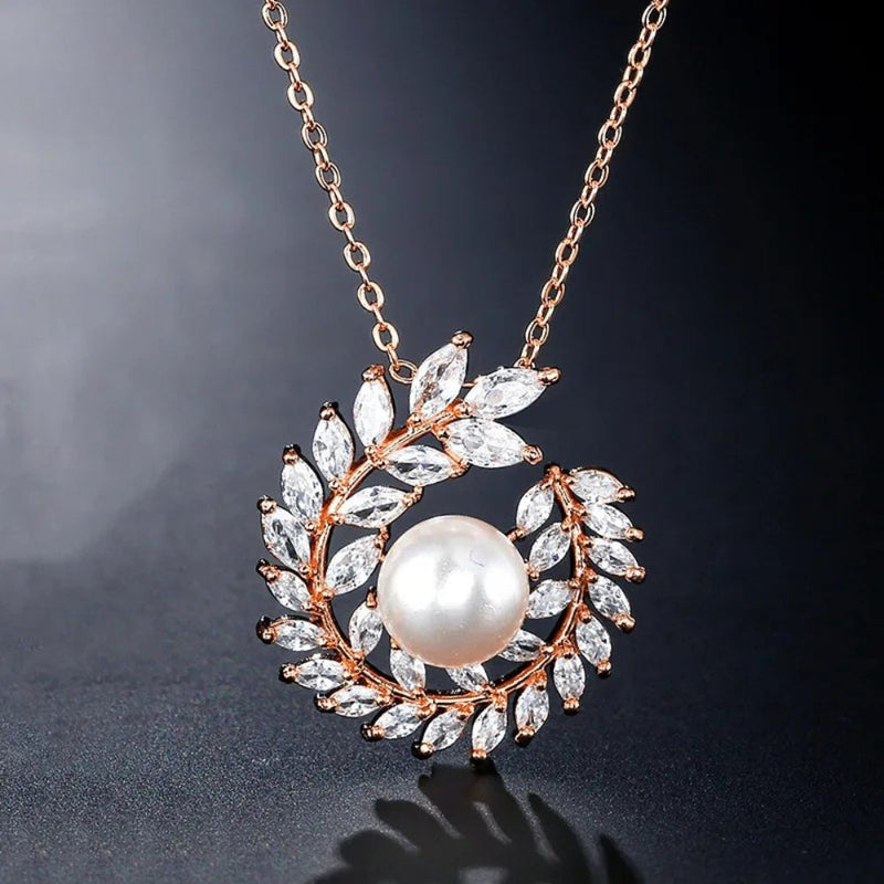 Rose Gold Wreath Pearl Pendant Necklace-Lydieannejewelry