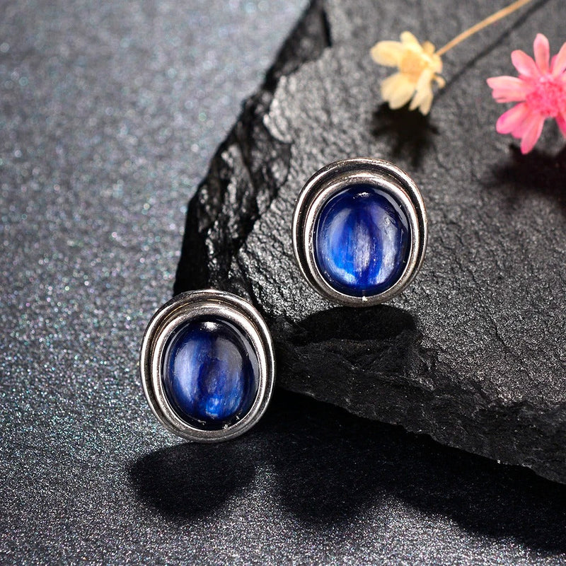 Silver Midnight Blue Gem Earrings-Lydieannejewelry