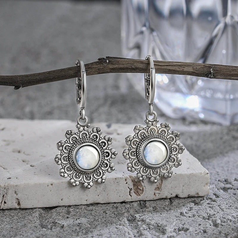 Silver Floral Moonstone Drop Earrings-Lydieannejewelry