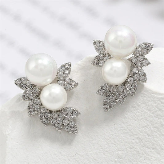 Silver Double Pearl & Crystal Leaf Earrings-Lydieannejewelry