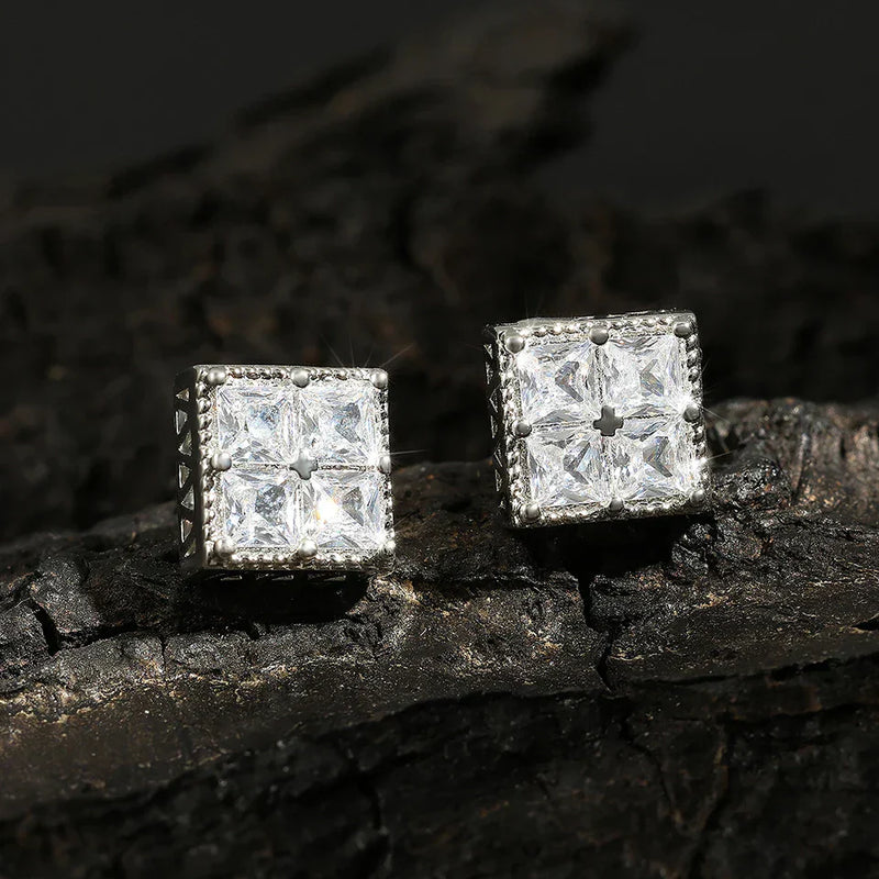 Vintage Silver Square Crystal Earrings-Lydieannejewelry