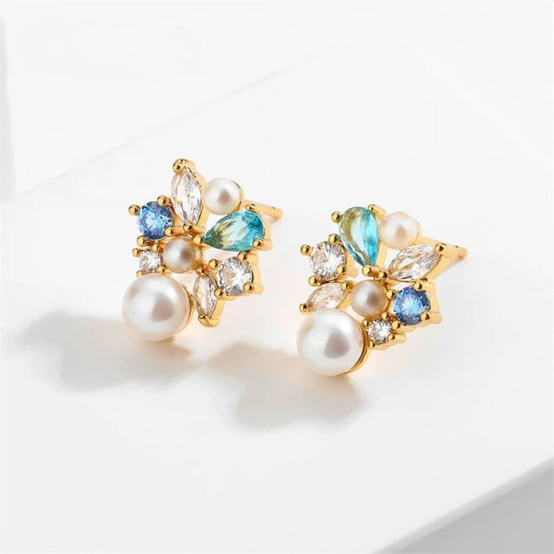 Vintage Pearl & Blue Crystal Earrings-Lydieannejewelry