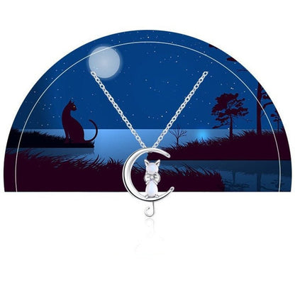 Moonstone crescent and cat necklace