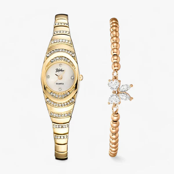 Women's oval quartz watch with crystal and diamond inlays