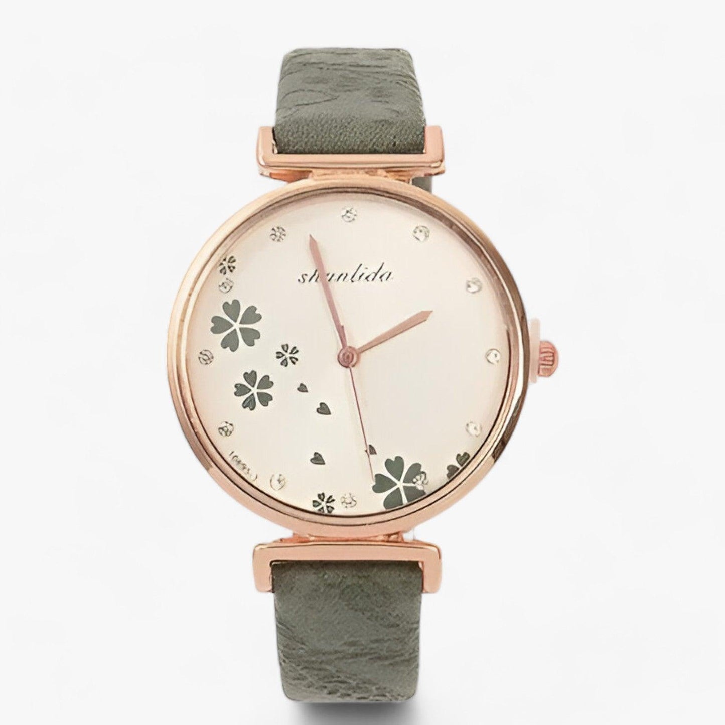 Vintage round floral watch with leather strap