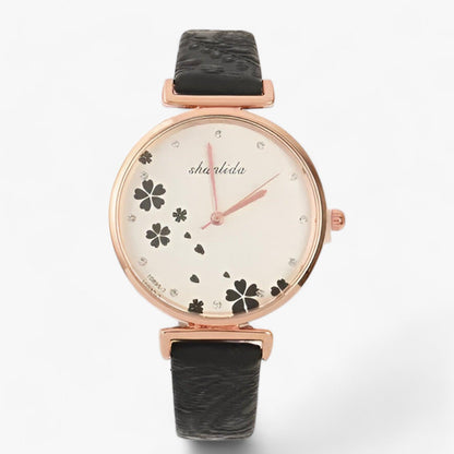 Vintage round floral watch with leather strap