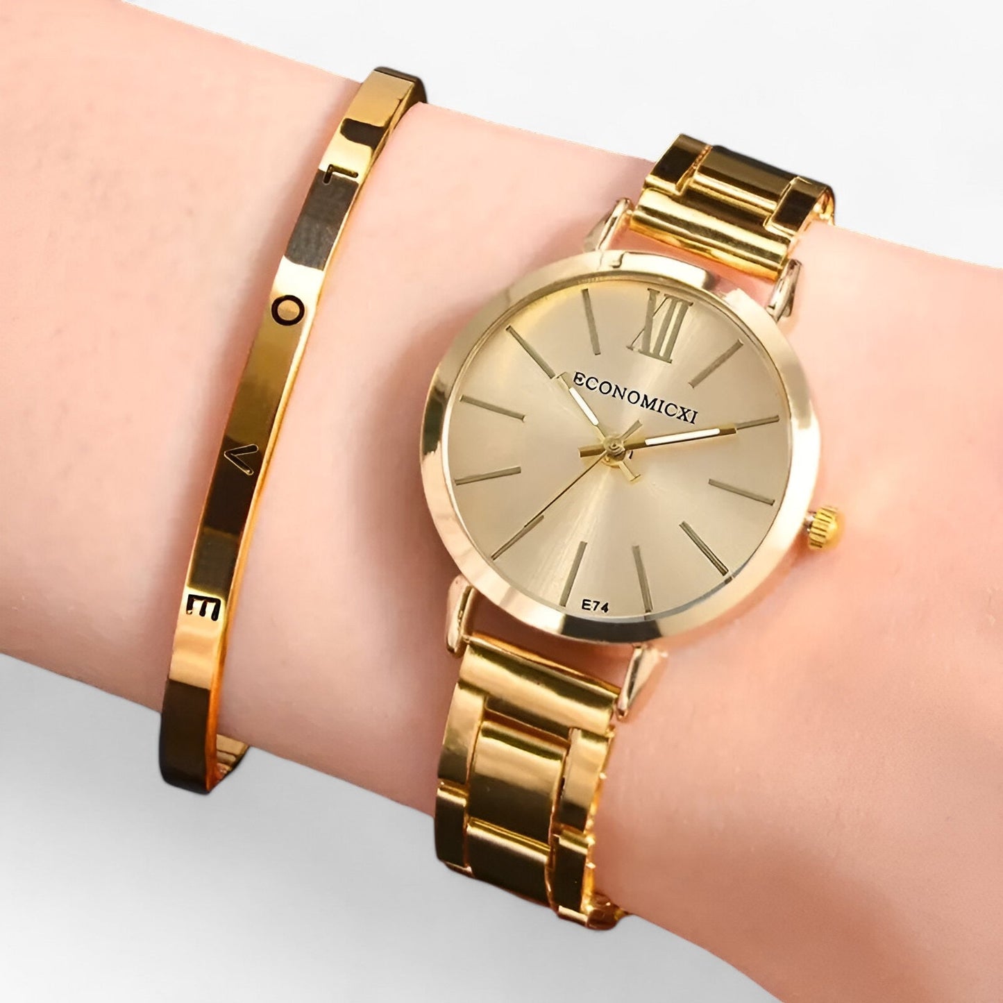 Modern round alloy clock - Bracelet included