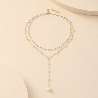 Layered Pearl Y-Drop Necklace - Gold-Tone