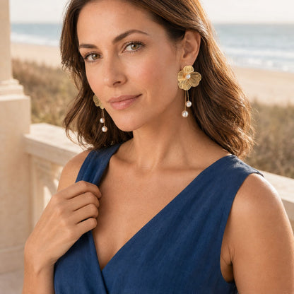 Flower Pearl Chain Drop Earrings - Gold Tone