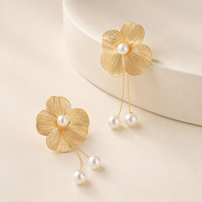 Flower Pearl Chain Drop Earrings - Gold Tone
