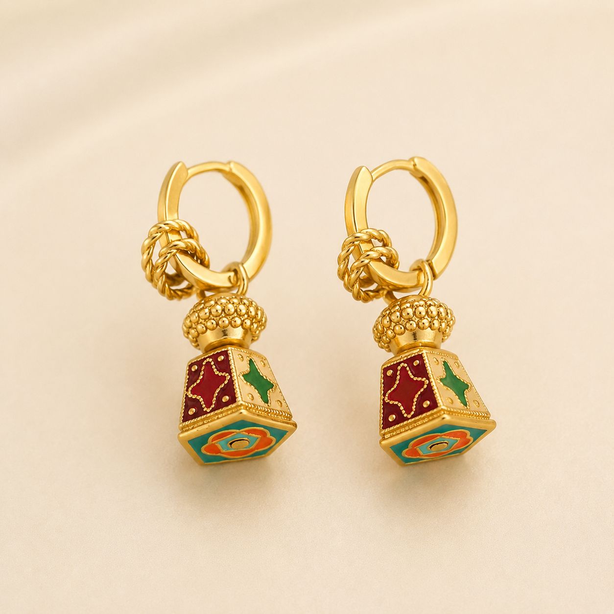 Enamel Perfume Bottle Huggie Earrings - Gold Tone
