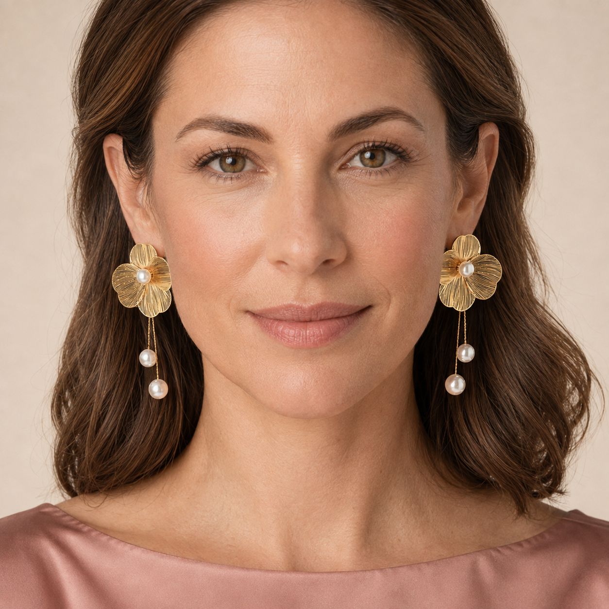 Flower Pearl Chain Drop Earrings - Gold Tone