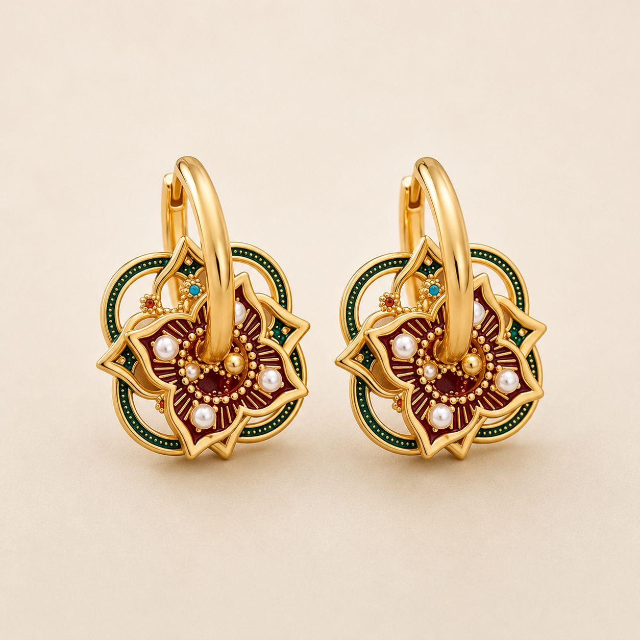 Enamel Floral Medallion Hoop Earrings - Gold-Tone