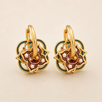 Enamel Floral Medallion Hoop Earrings - Gold-Tone