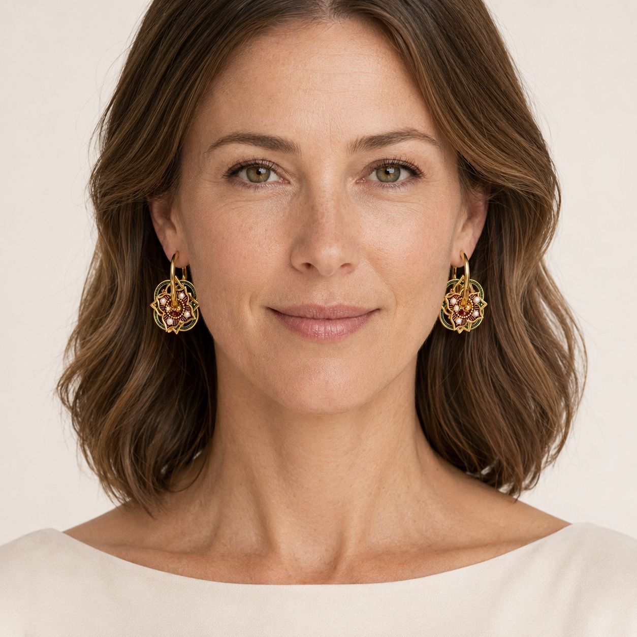 Enamel Floral Medallion Hoop Earrings - Gold-Tone