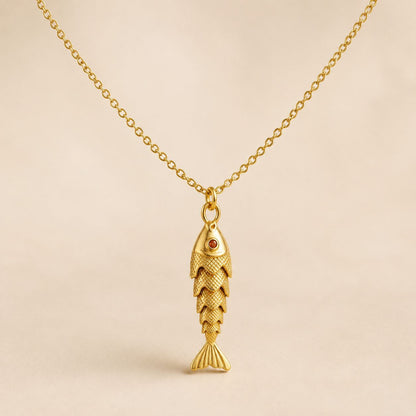Articulated Fish Pendant Necklace - Gold Tone